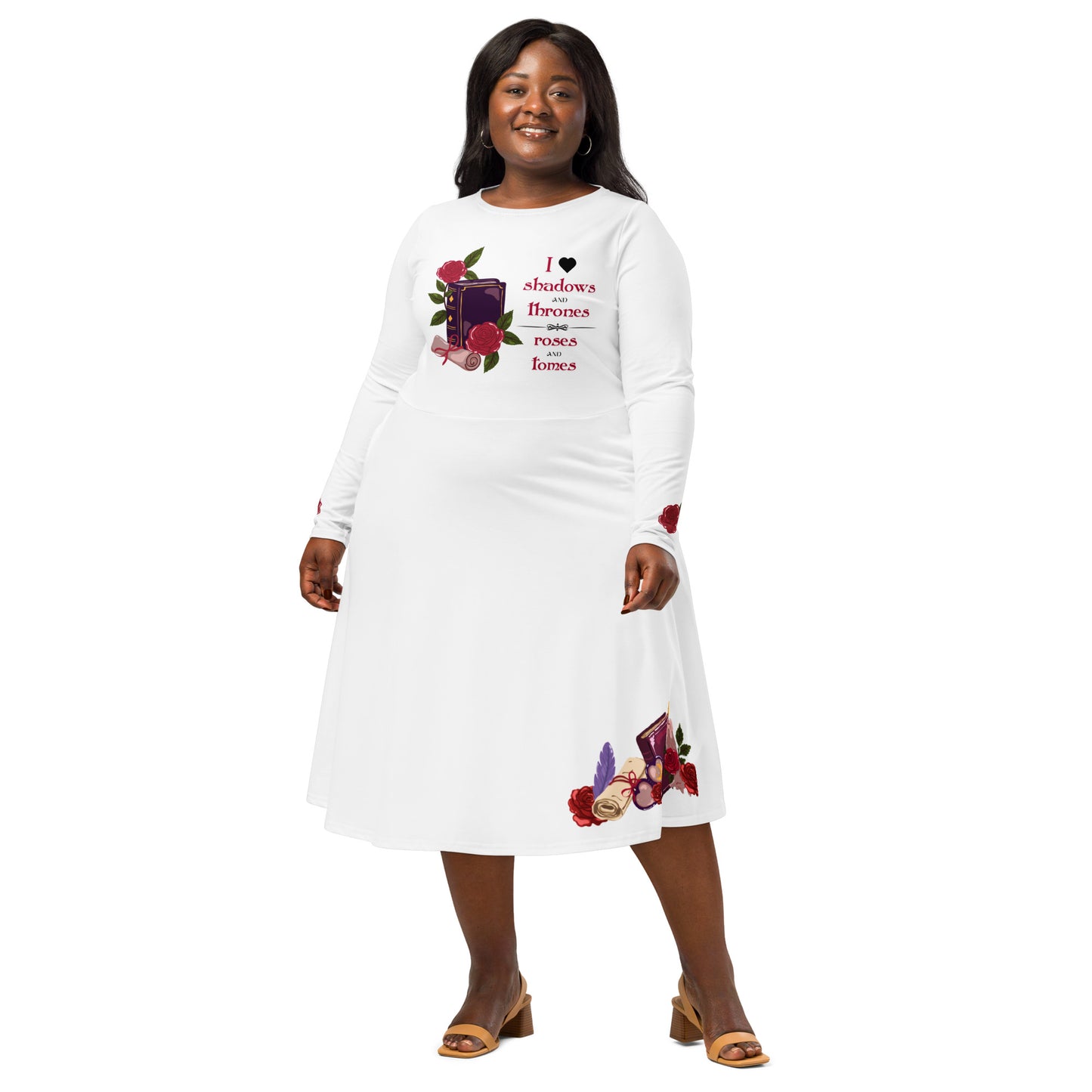 Shadows • Thrones • Roses • Tomes Romantasy Long‑Sleeve Midi Dress (White)