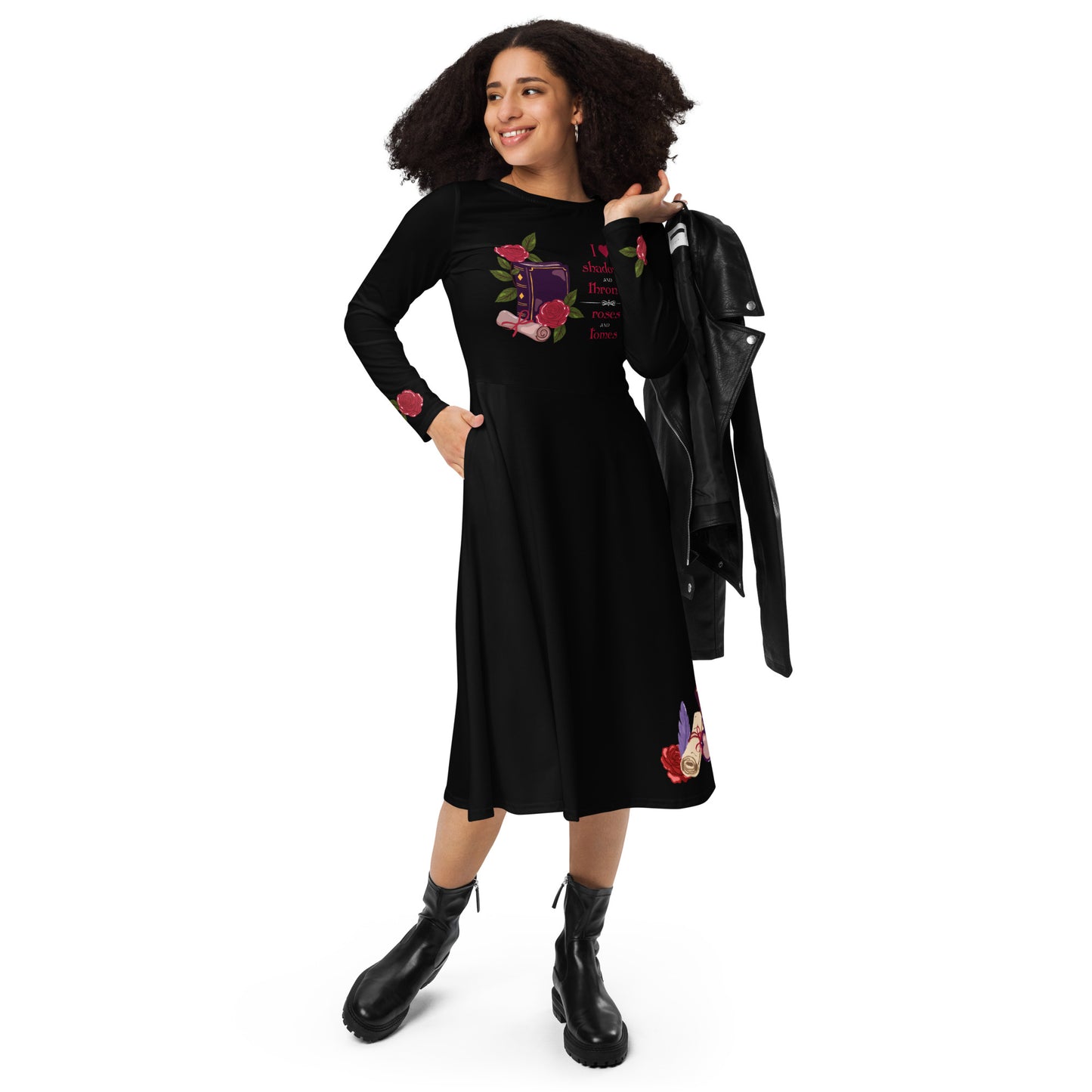 Shadows • Thrones • Roses • Tomes Romantasy Long‑Sleeve Midi Dress (Black)
