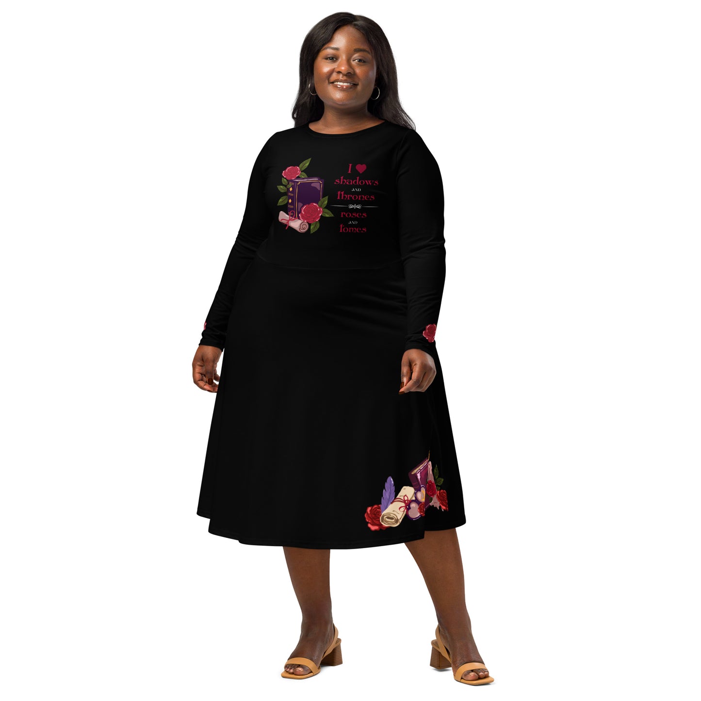 Shadows • Thrones • Roses • Tomes Romantasy Long‑Sleeve Midi Dress (Black)