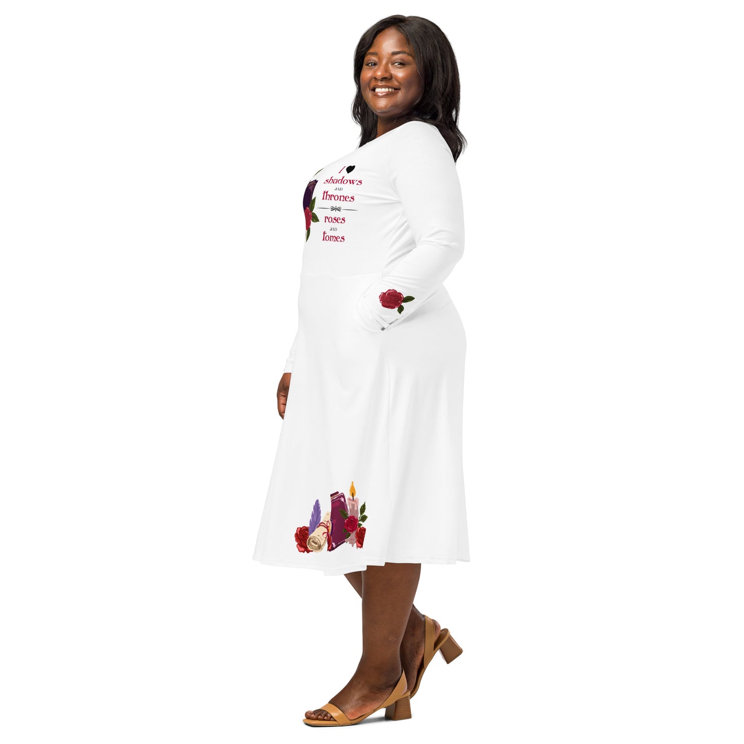 Shadows • Thrones • Roses • Tomes Romantasy Long‑Sleeve Midi Dress (White)