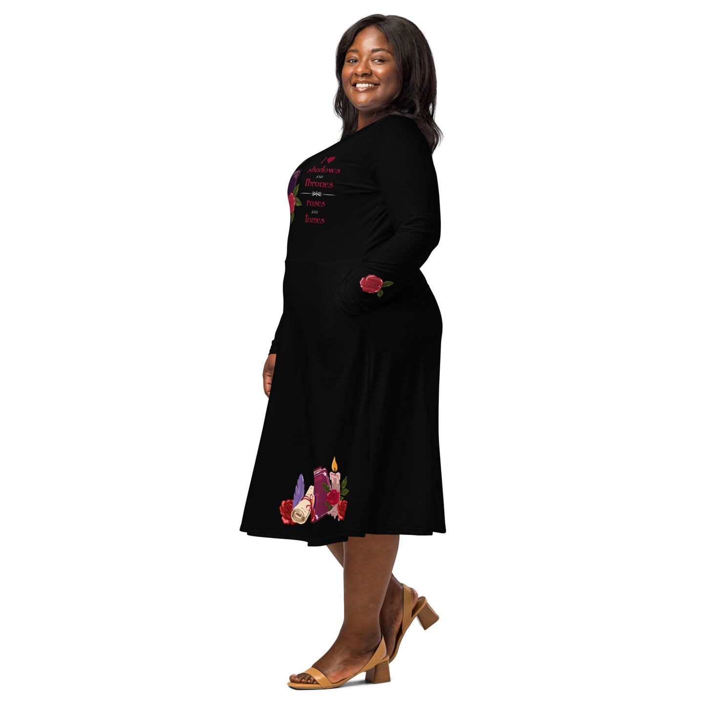 Shadows • Thrones • Roses • Tomes Romantasy Long‑Sleeve Midi Dress (Black)