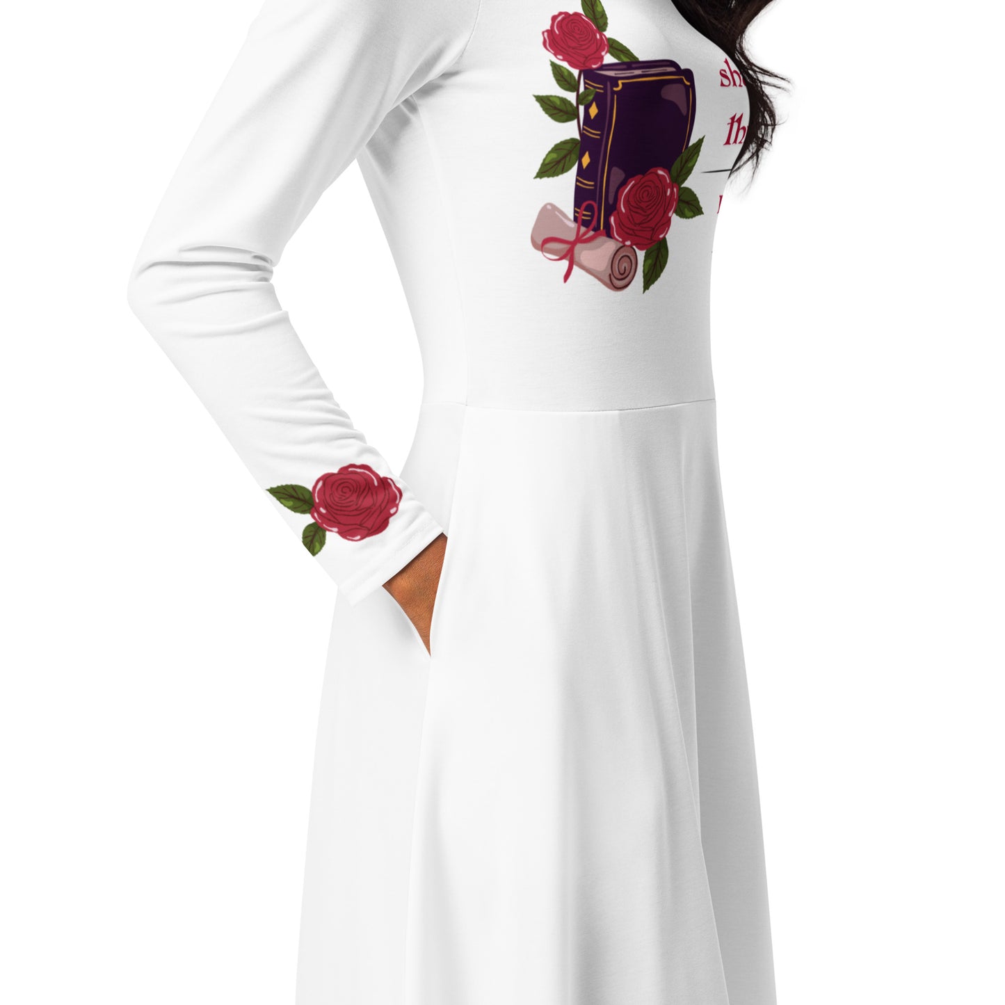 Shadows • Thrones • Roses • Tomes Romantasy Long‑Sleeve Midi Dress (White)