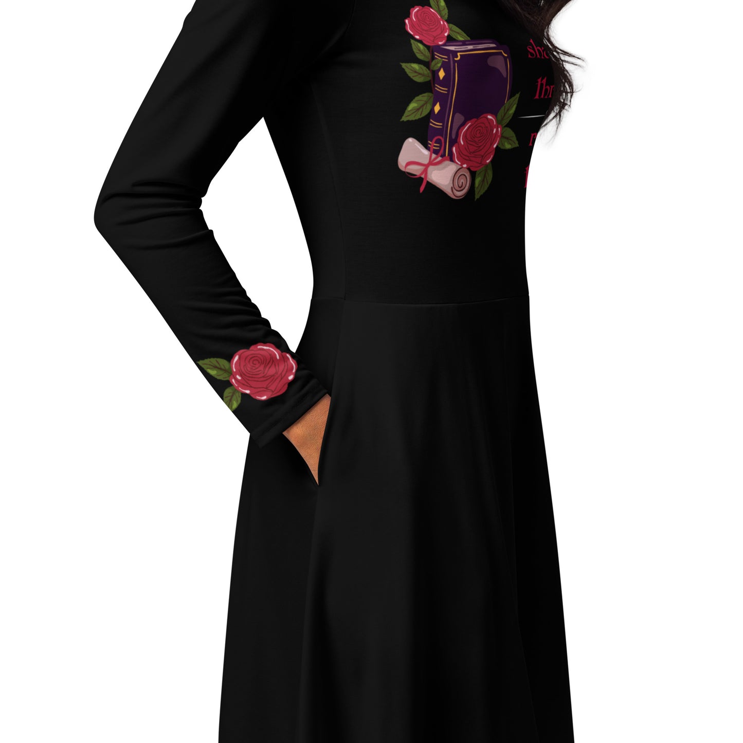 Shadows • Thrones • Roses • Tomes Romantasy Long‑Sleeve Midi Dress (Black)
