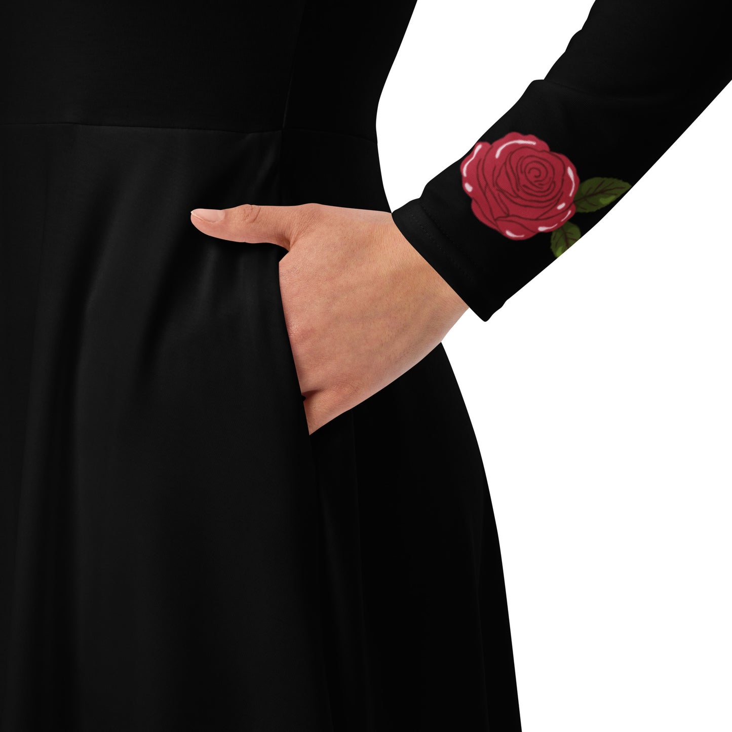 Shadows • Thrones • Roses • Tomes Romantasy Long‑Sleeve Midi Dress (Black)