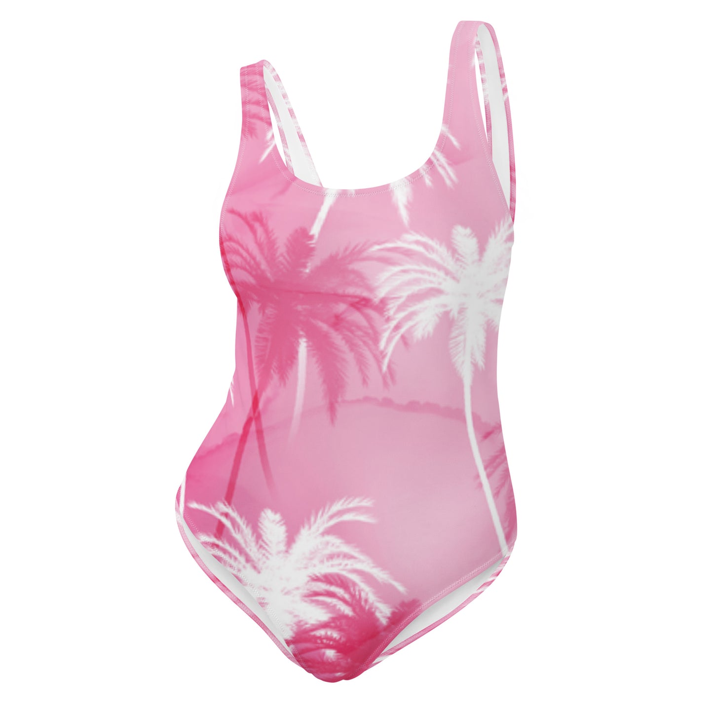 One-Piece Swimsuit: Pink & Palm Trees