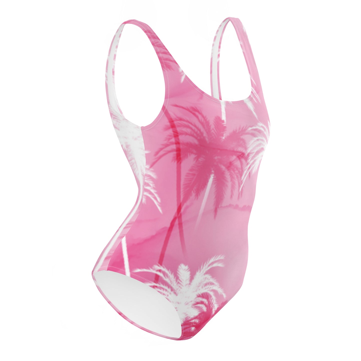 One-Piece Swimsuit: Pink & Palm Trees