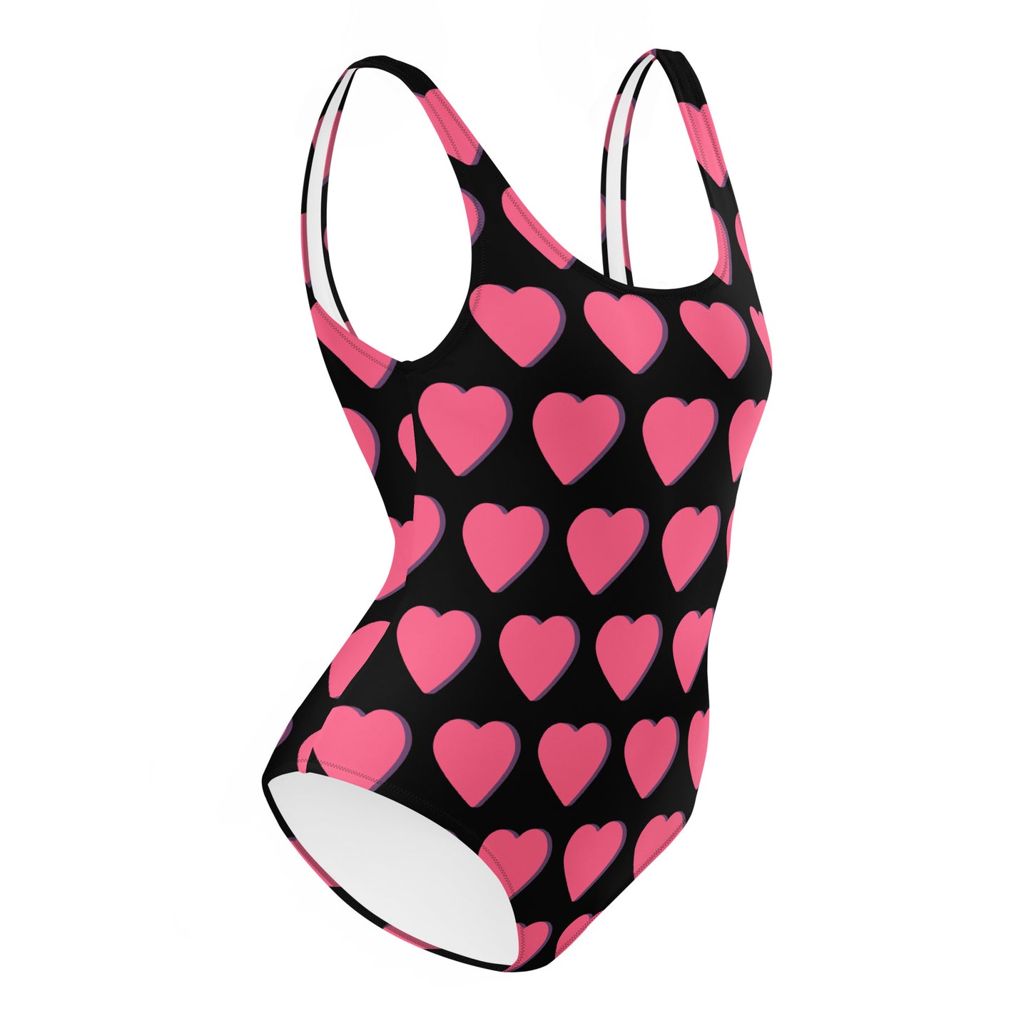 One-Piece Swimsuit: Pink Hearts (on black)