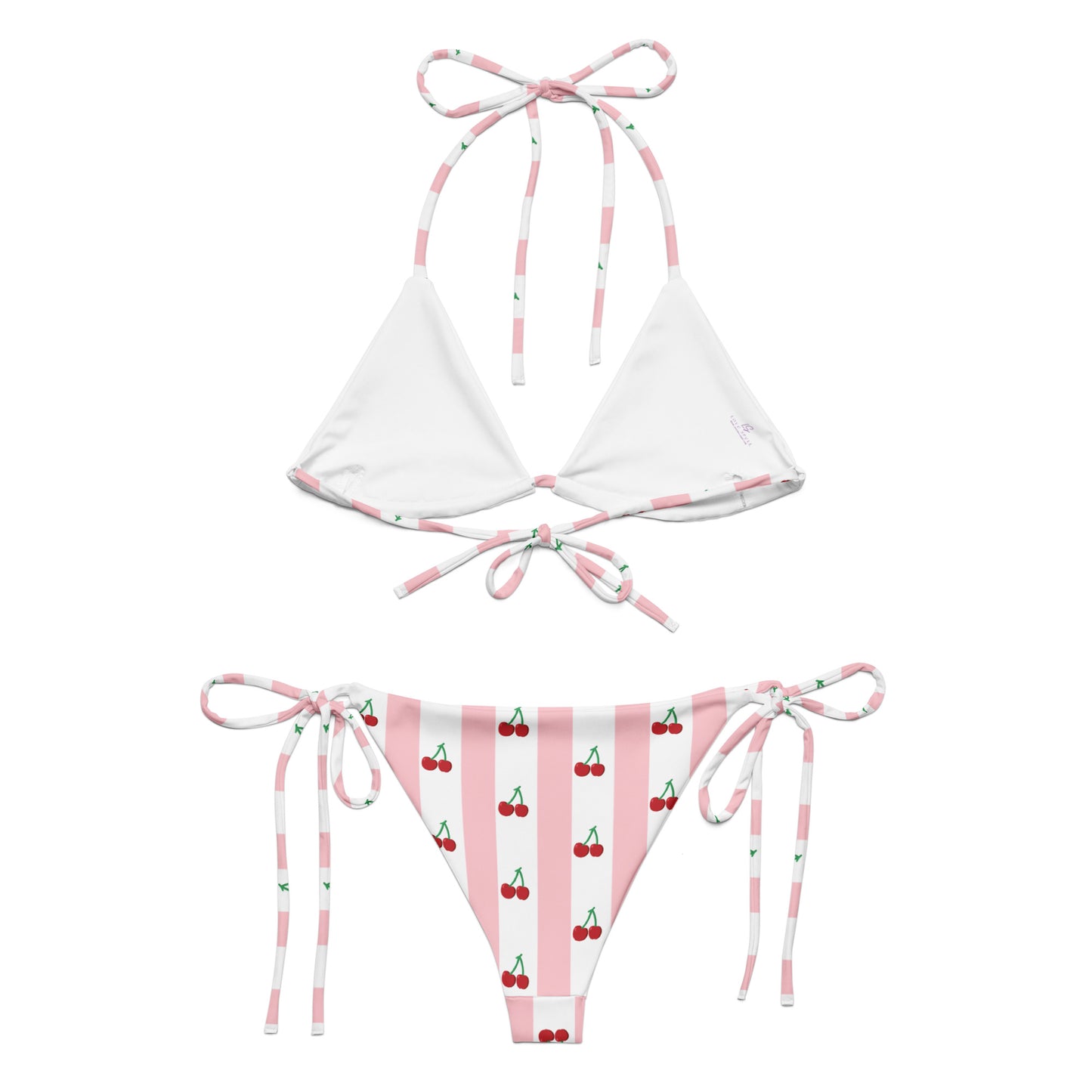 All-Over Print Recycled String Bikini: Cherries on Pink and White