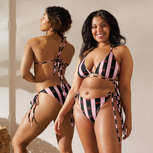 All-Over Print Recycled String Bikini: Black, Pink & Cherries