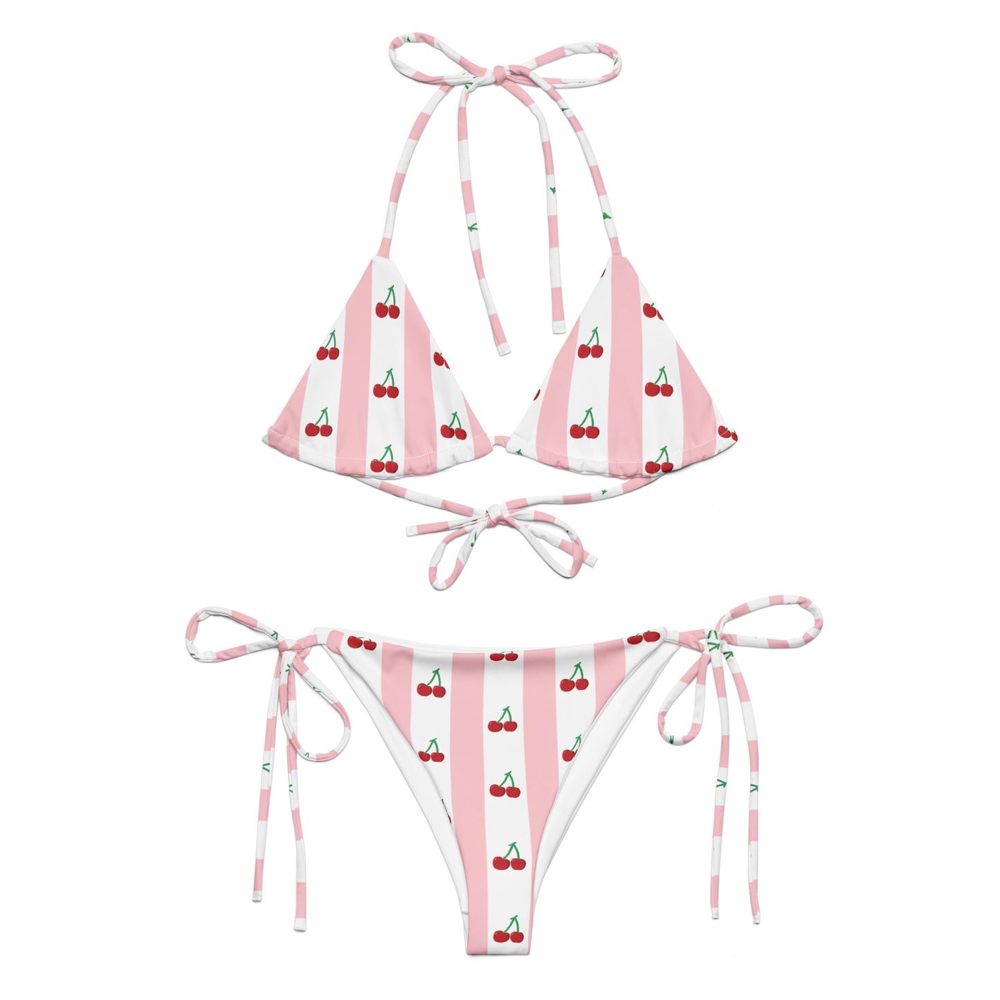 All-Over Print Recycled String Bikini: Cherries on Pink and White