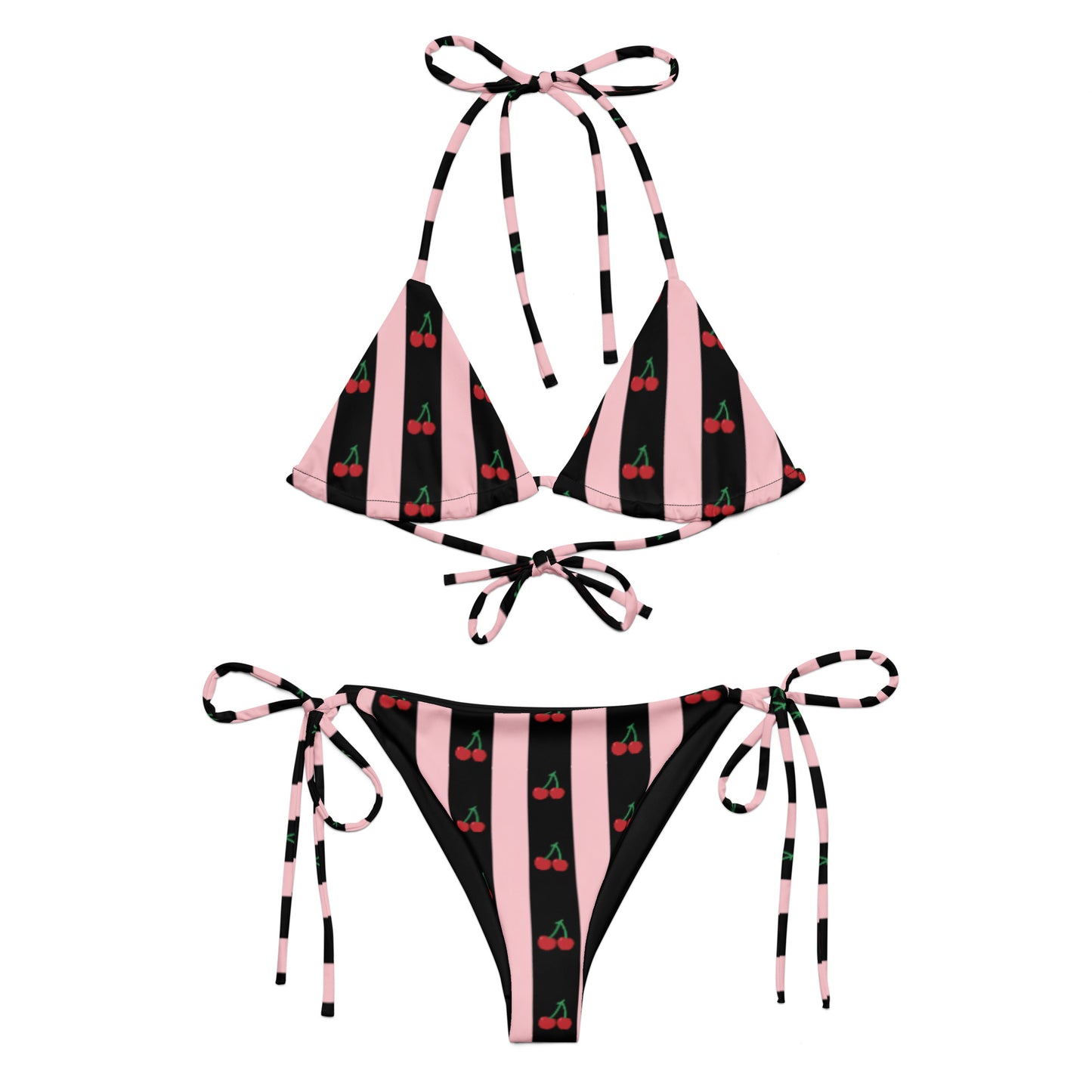 All-Over Print Recycled String Bikini: Cherries on Pink and Black