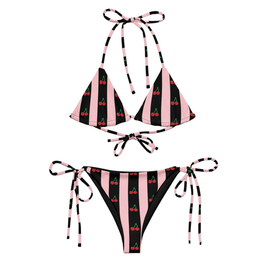 All-Over Print Recycled String Bikini: Cherries on Pink and Black