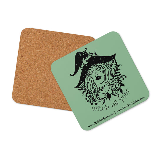 Cork-back Coaster: Witch All Year (dark sea green)
