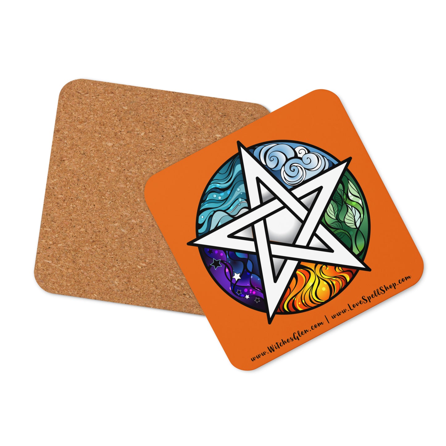 Cork-back Coaster: Pentacle and Elements (deep orange)