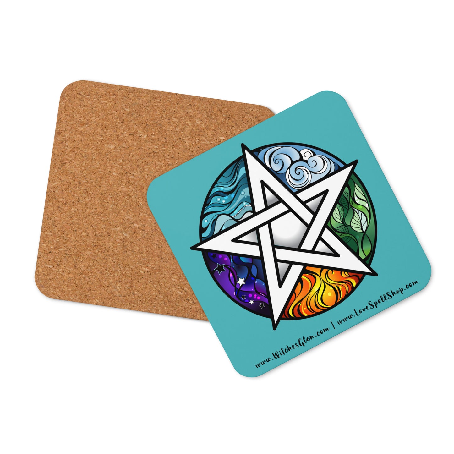Cork-back Coaster: Pentacle and Elements (teal water)