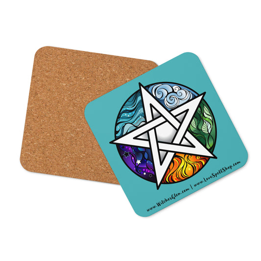 Cork-back Coaster: Pentacle and Elements (teal water)