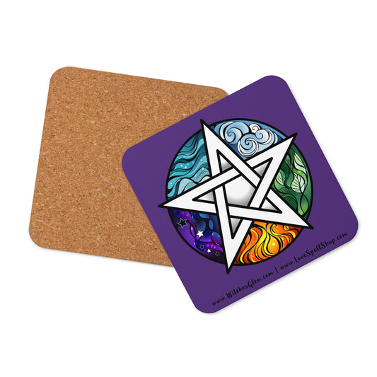 Cork-back Coaster: Pentacle and Elements (indigo purple)