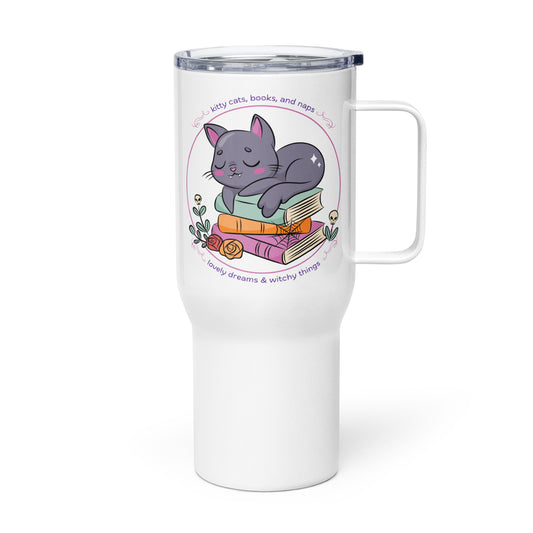 Travel Mug with Handle: Kitty Cats Books and Naps (25 oz)