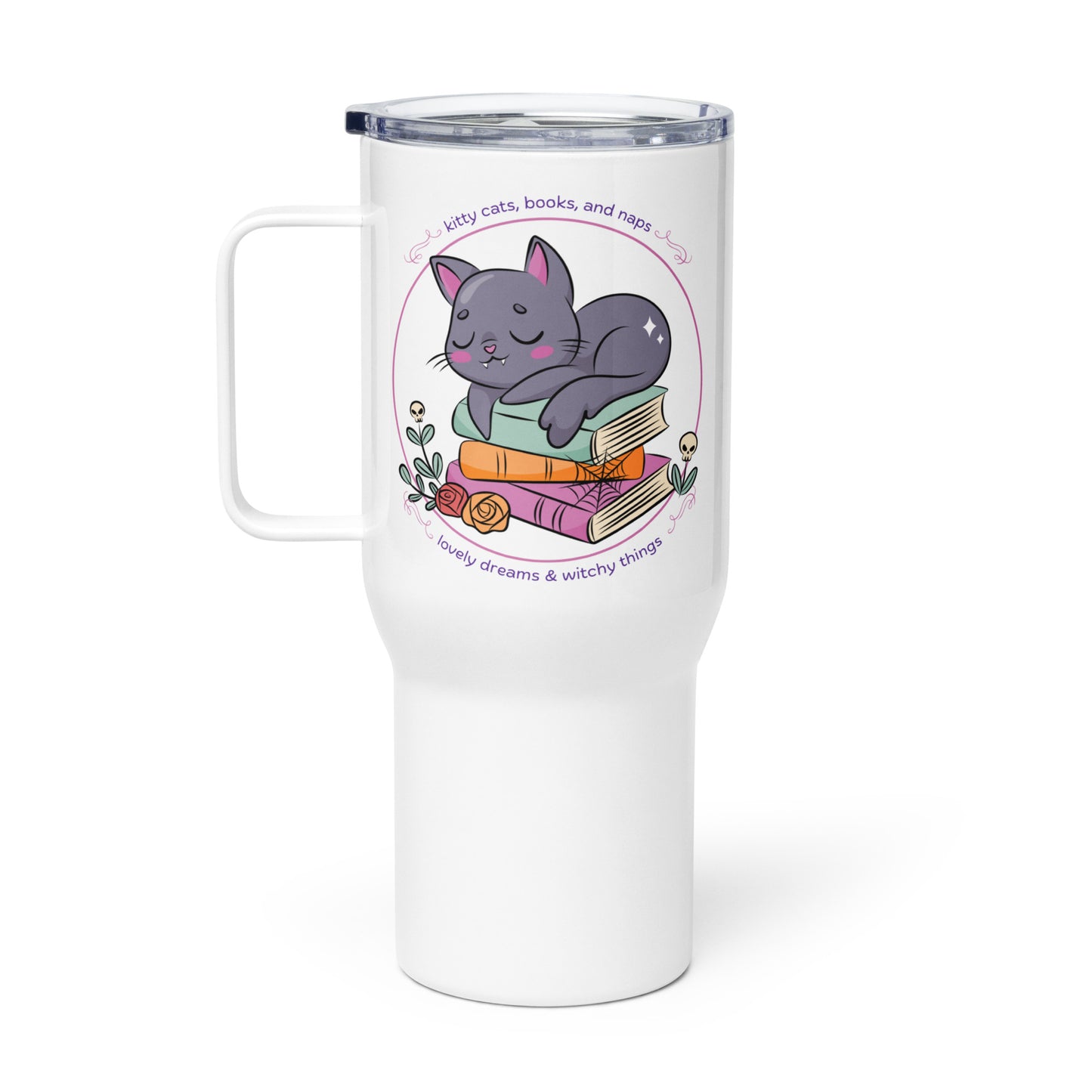 Travel Mug with Handle: Kitty Cats Books and Naps (25 oz)