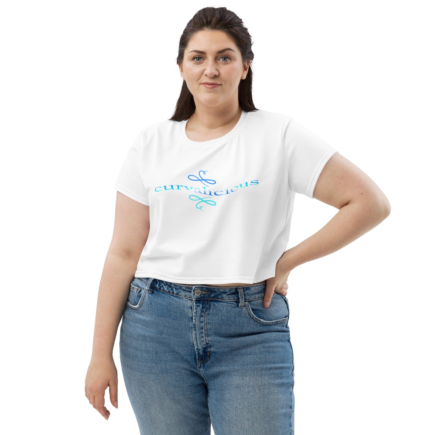 Crop Tee: Curvalicious (text in shades of blue)