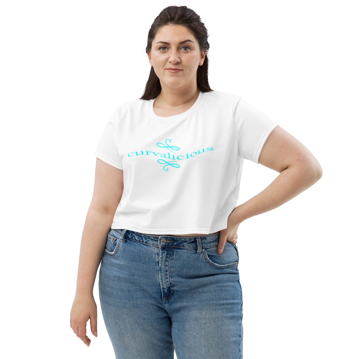 Crop Tee: Curvalicious (turquoise text)