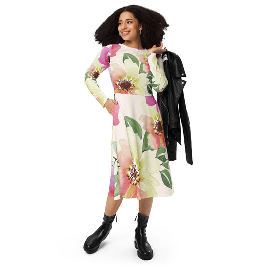 Long-Sleeve Midi Dress: Watercolor Flowers