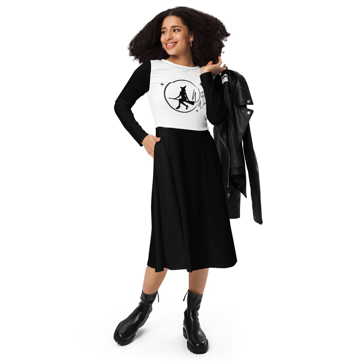 Long-Sleeve Midi Dress (black & white): Witchy Woman