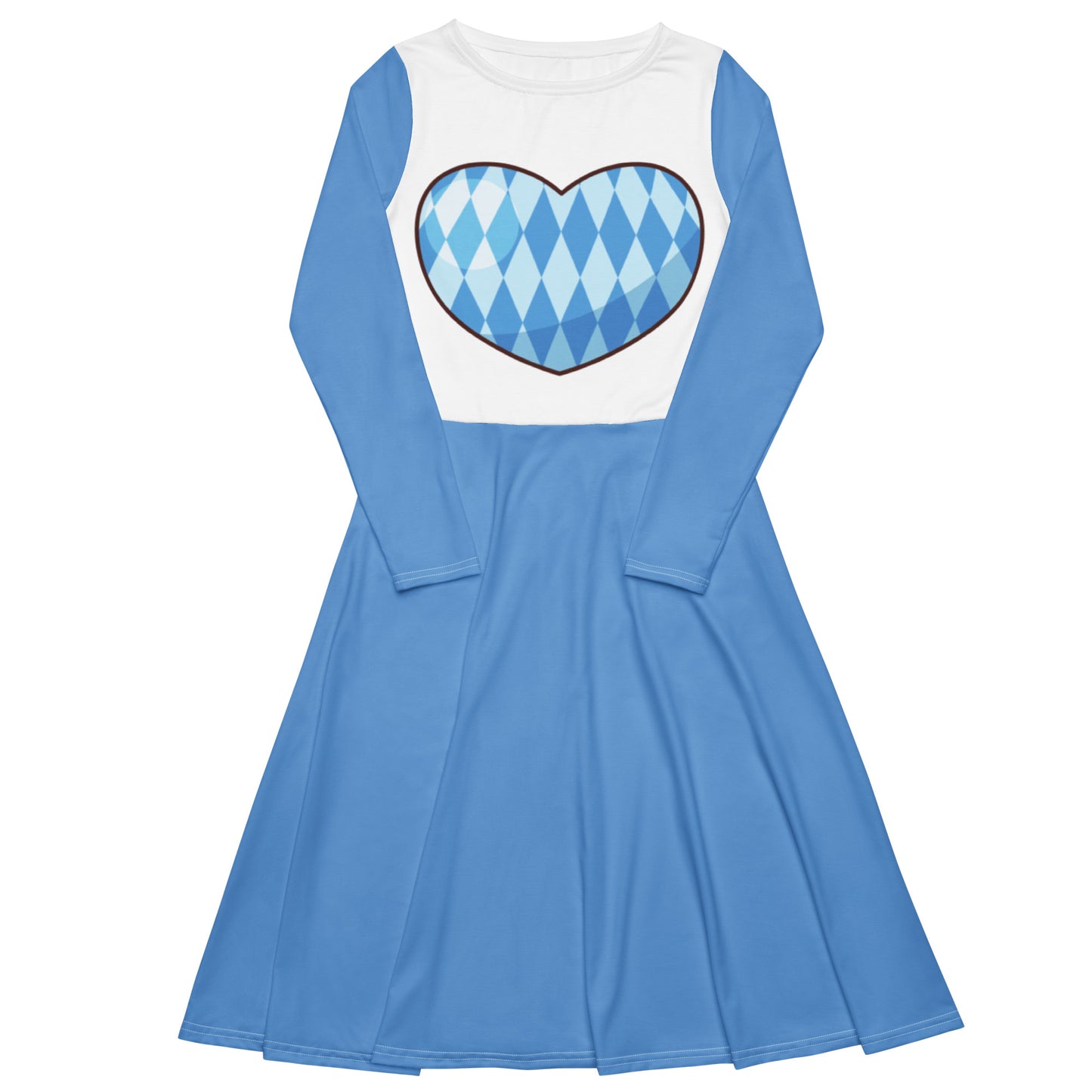 Long-Sleeve Midi Dress: Oktoberfest Blue & White Pattern Heart