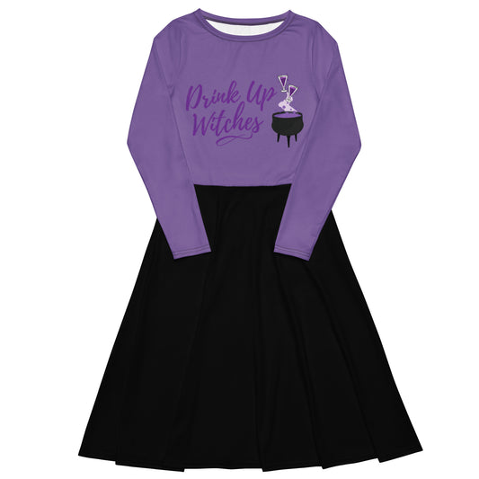 Long-Sleeve Midi Dress: Drink Up Witches (black and ce soir purple)