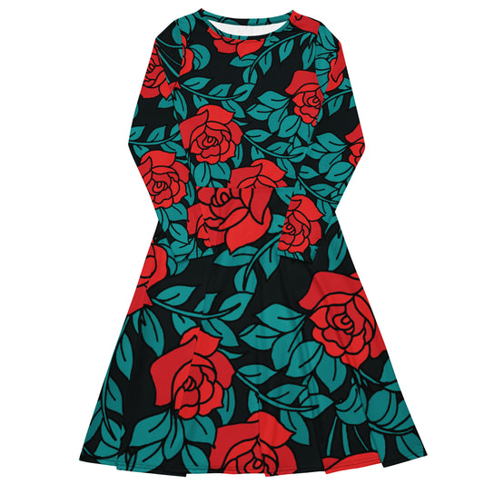 Long-Sleeve Midi Dress: Rose Vines