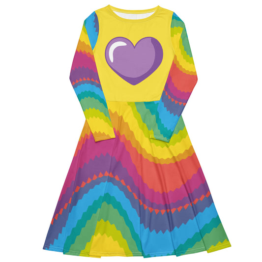 Long-Sleeve Midi Dress: Color Waves with Purple Heart
