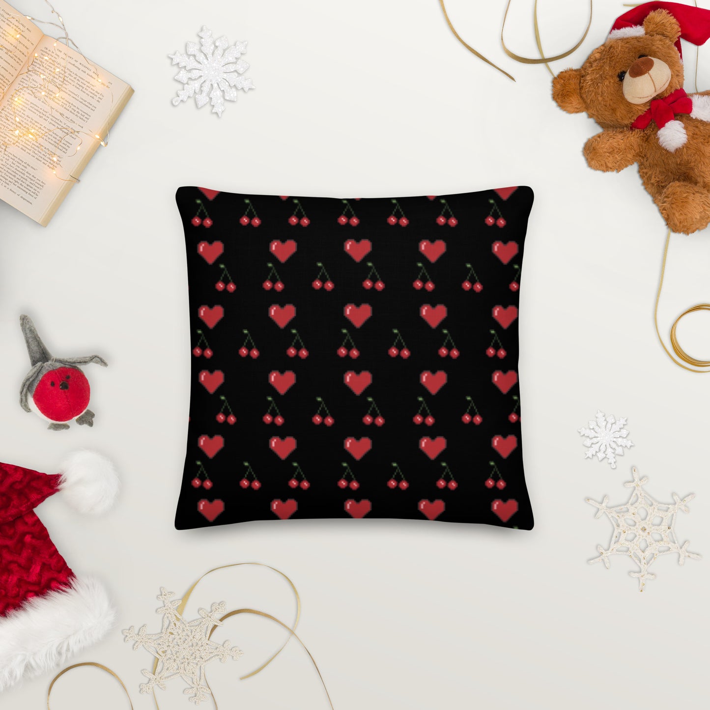 Premium Throw Pillow: Hearts & Cherries (red on black)