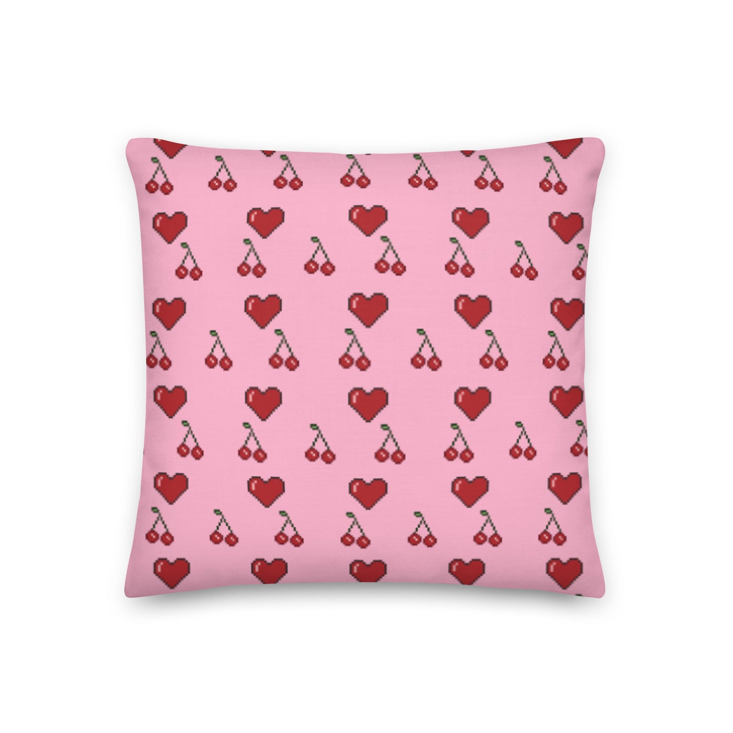 Premium Throw Pillow: Hearts & Cherries (red on pink)