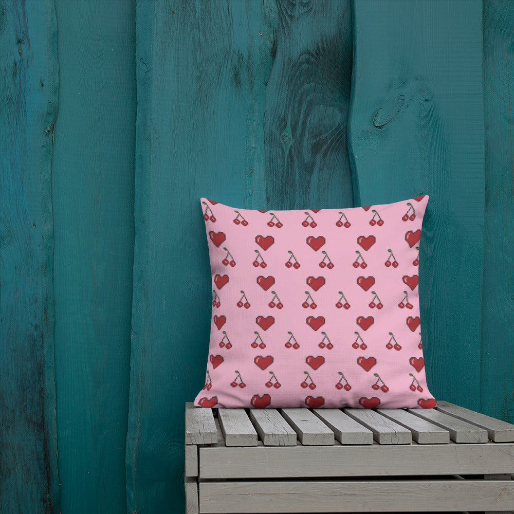 Premium Throw Pillow: Hearts & Cherries (red on pink)