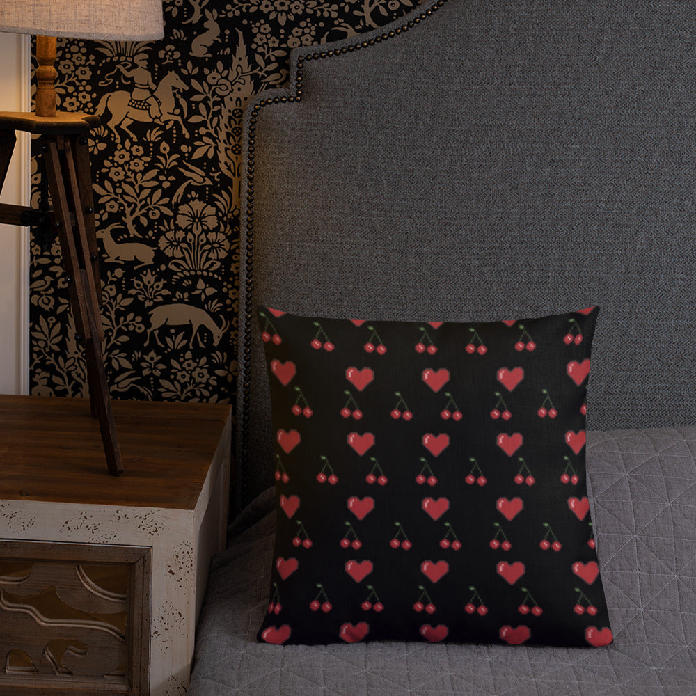 Premium Throw Pillow: Hearts & Cherries (red on black)