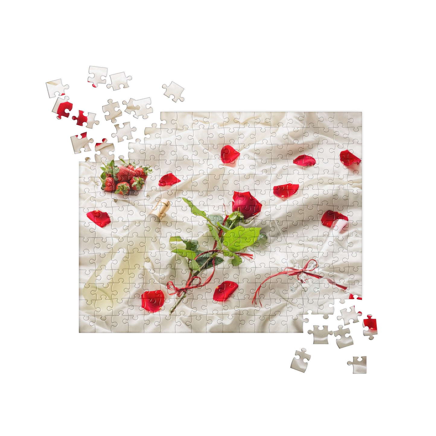 Sensual Jigsaw Puzzle: Rose Petals & Champagne on Bed