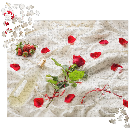 Sensual Jigsaw Puzzle: Rose Petals & Champagne on Bed