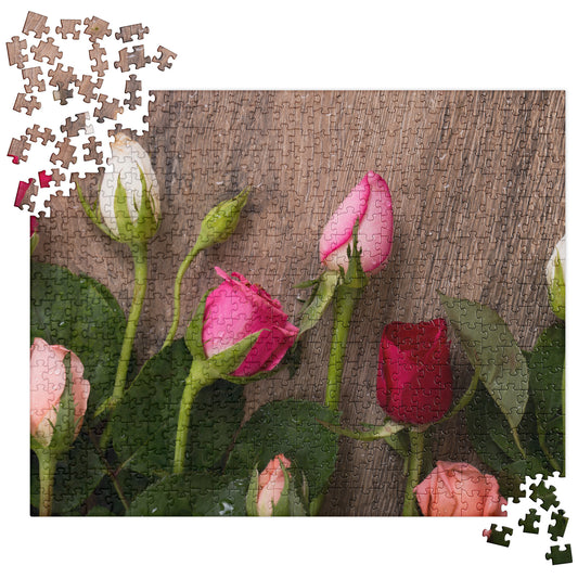 Floral Jigsaw Puzzle: Wet Roses, Multi-Color