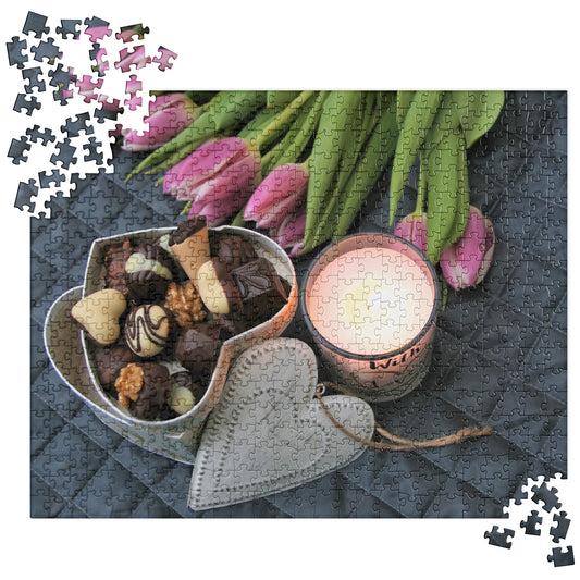Food Fare Jigsaw puzzle: Candle, Flowers, Chocolates