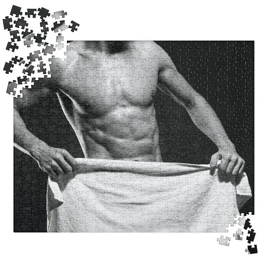 Sensual Jigsaw Puzzle: Shirtless Man with Towel (B&W)