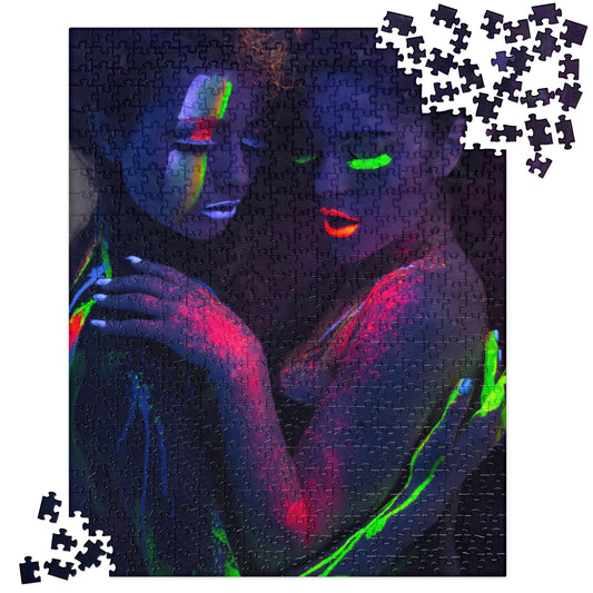 Sensual Jigsaw Puzzle: Lesbian Lovers Embrace, UV Glow Body Paint