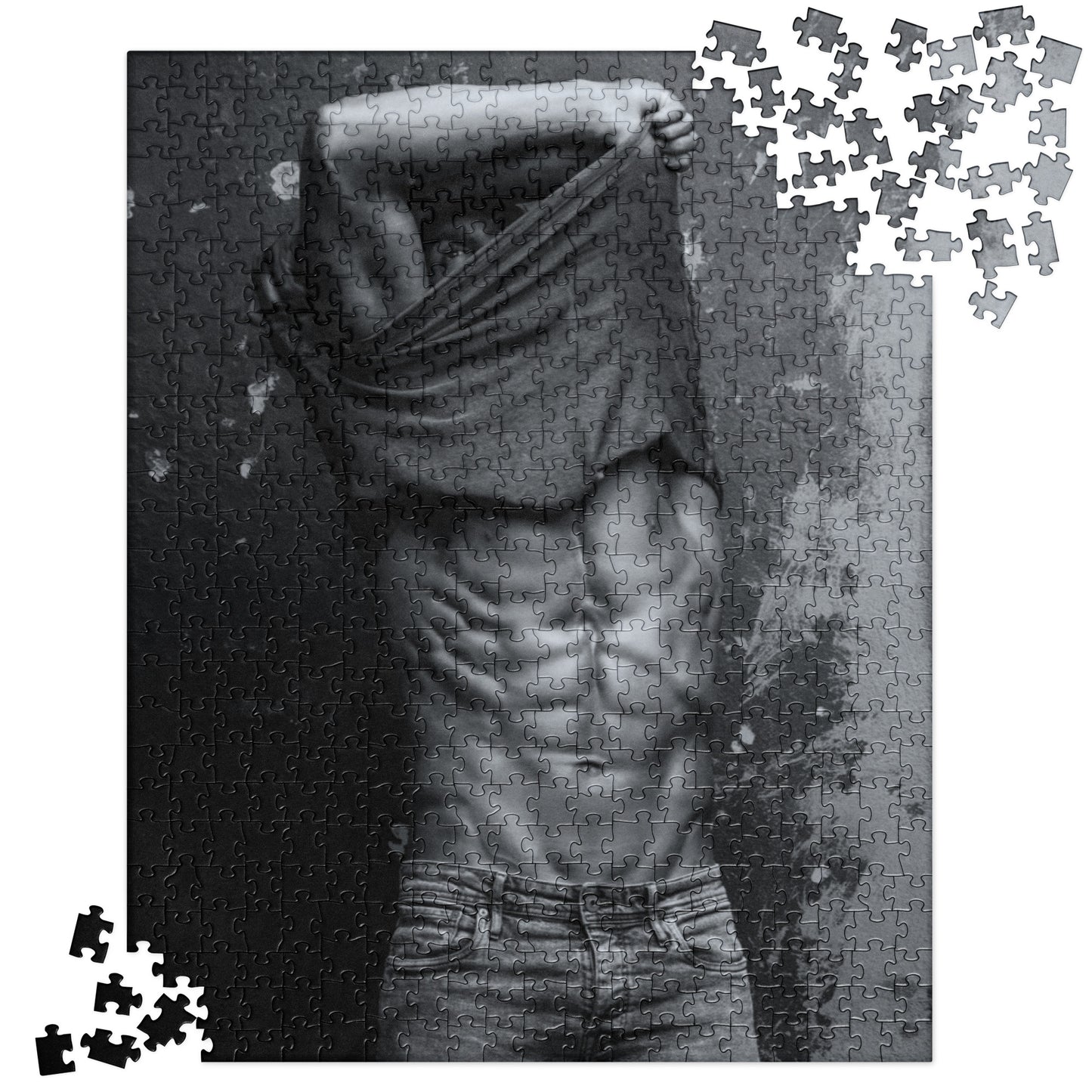 Sensual Jigsaw Puzzle: Man Pulling Off Shirt (B&W)