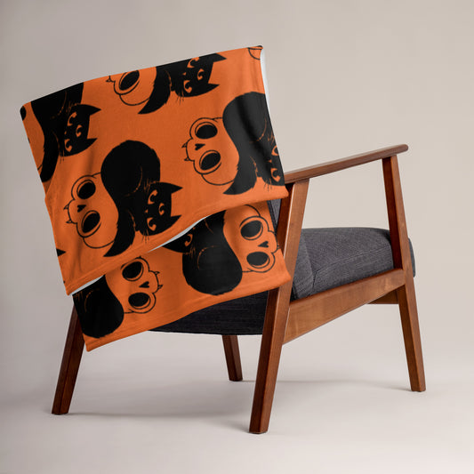 Soft-Touch Throw Blanket: Black Cat with Skull (orange)