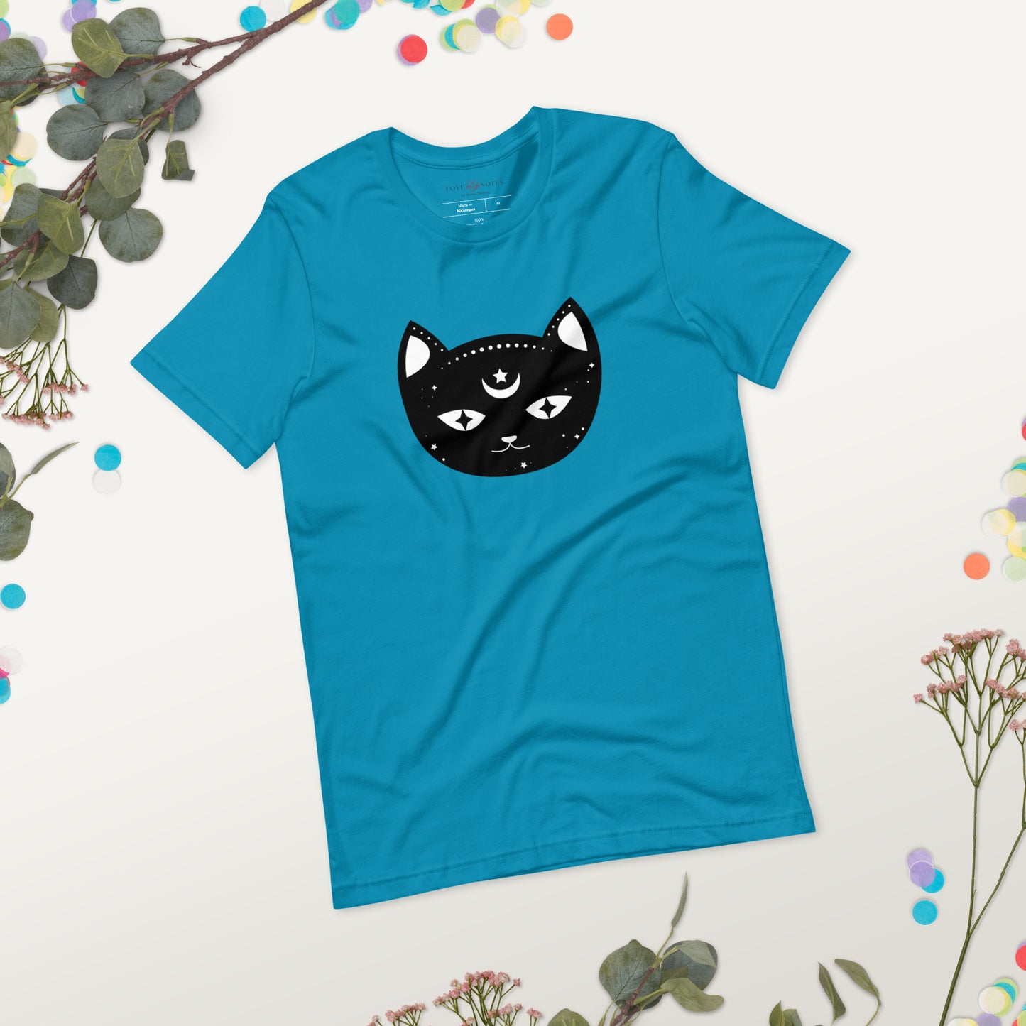 Unisex Tee: Black Cat Face with Crescent Moon and Star