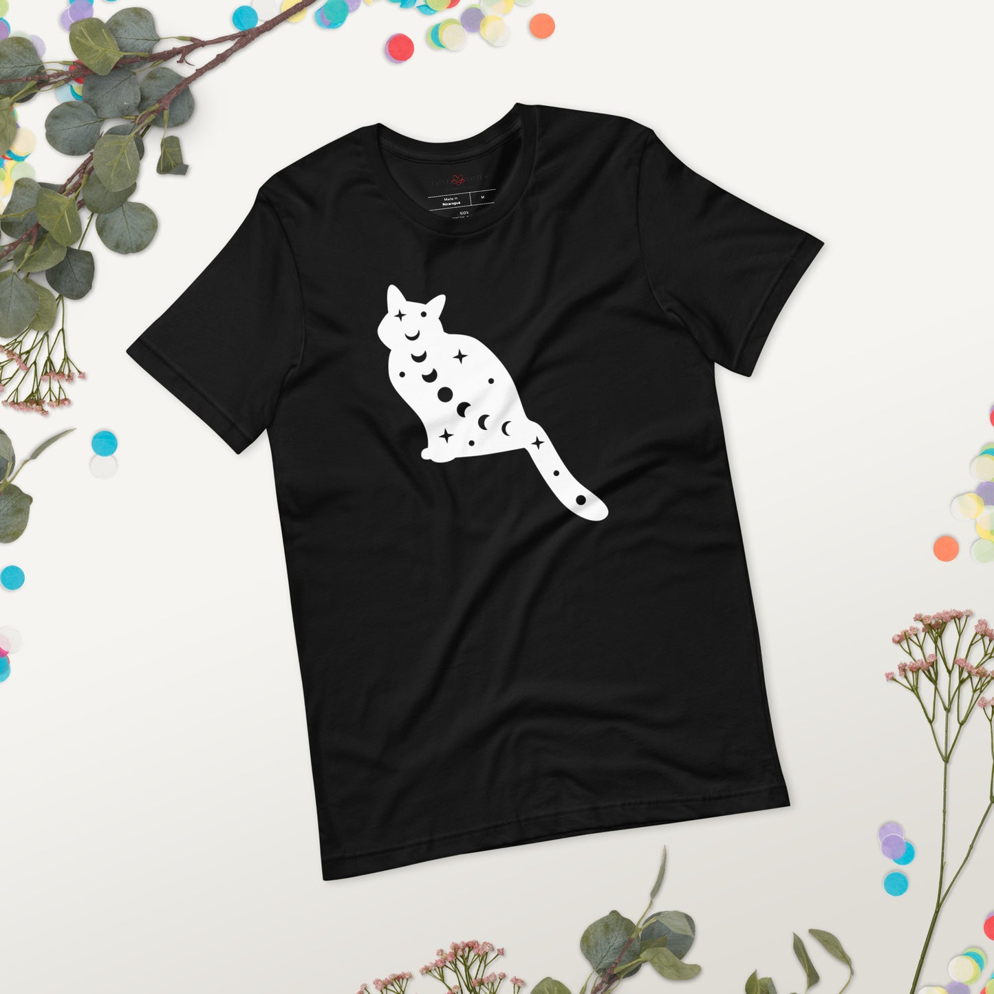 Unisex Tee: White Cat with Moon Phases