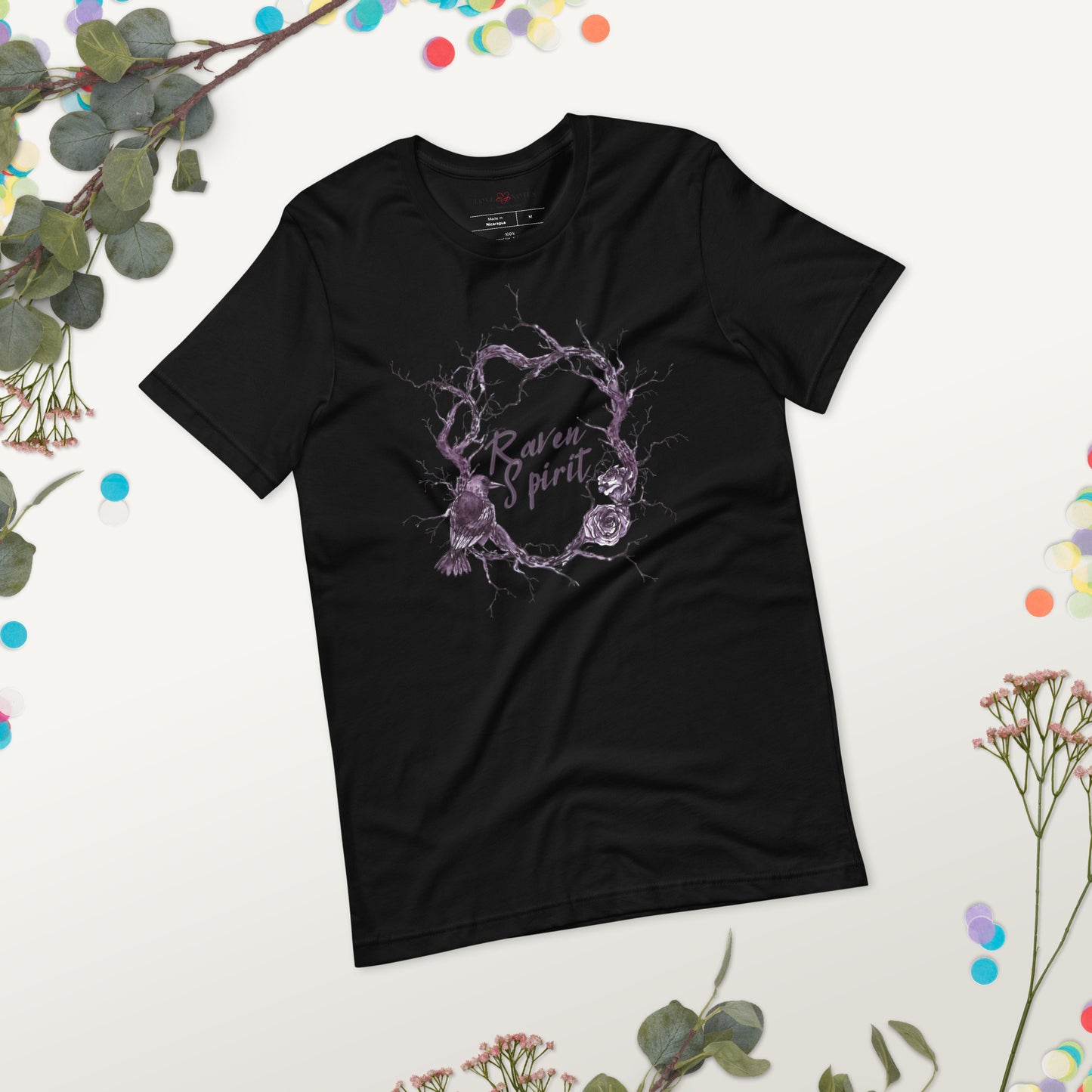 Unisex Tee: Raven Spirit with Branches & Roses