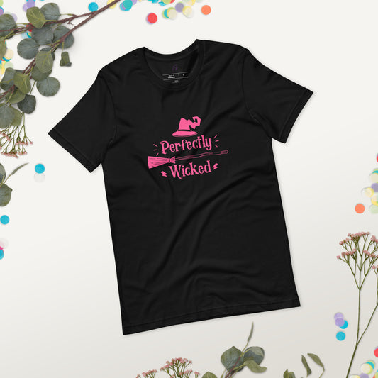 Unisex Tee: Perfectly Wicked (broom/pink)