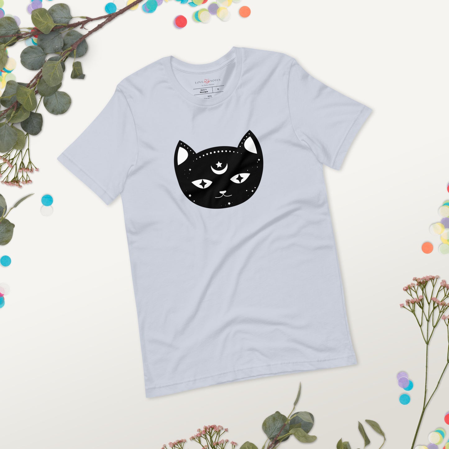 Unisex Tee: Black Cat Face with Crescent Moon and Star