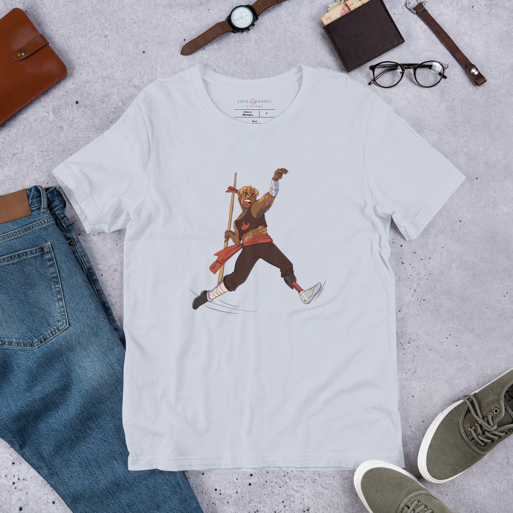 Unisex Tee: Fantasy Character with Lower-Leg Prosthesis & Bo Staff