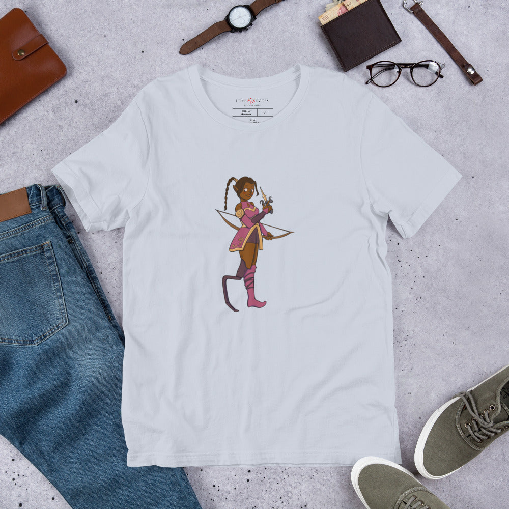 Unisex Tee: Fantasy Character with Lower-Leg Prosthesis, Bow & Dagger